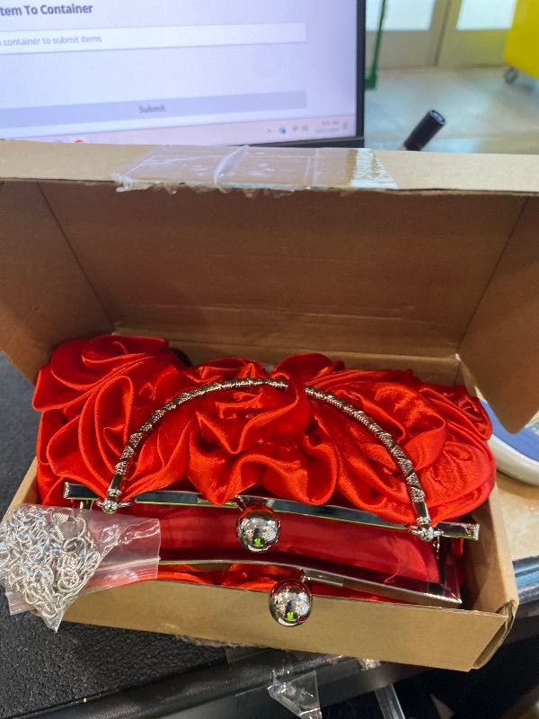 Photo 1 of **UNKNOWN MISSING PIECES**Paterr 4 Pcs Flower Clutch Rhinestone Jewelry Set Rose Clutch Handbags with Detachable Strap Detachable Necklace Earrings Bracelets for Wedding Party Prom Valentine Gift(Red)