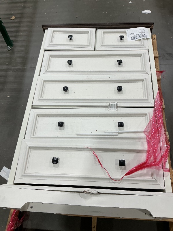 View 2 of ***MINOR DAMAGE*** VVFLU Farmhouse 6 Drawer Dresser, 48" Tall Dresser Chest of Drawers with Natural Texture & Metal Handles, Vintage Storage Dressers Organizer for Bedroom, Living Room, Hallway (Antique White & Walnut)