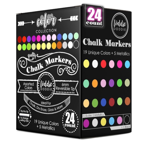 Photo 1 of Loddie Doddie Chalk Markers - 24-Pack, 6mm Reversible Tips - Colored Chalk Pens for Art & Decor - Window Markers for Glass & Metal - Dry Erase Pens for Mirrors & More