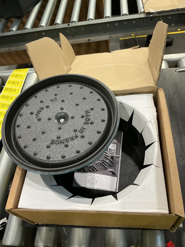 Photo 1 of **MINOR DAMAGE - USED**
STAUB Cast Iron Round Cocotte, Dutch Oven, 4-quart, serves 3-4, Made in France, Turquoise