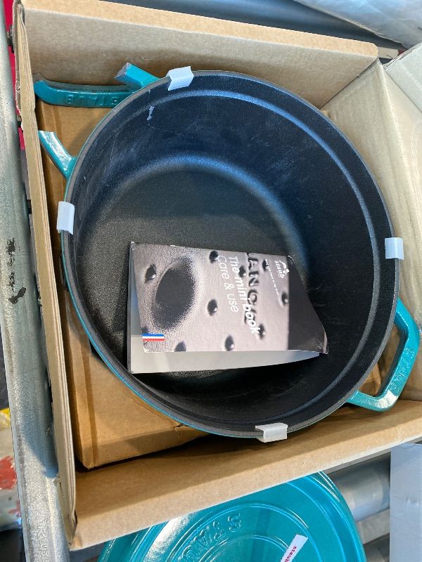 Photo 1 of **MINOR DAMAGE - USED**
STAUB Cast Iron Round Cocotte, Dutch Oven, 4-quart, serves 3-4, Made in France, Turquoise