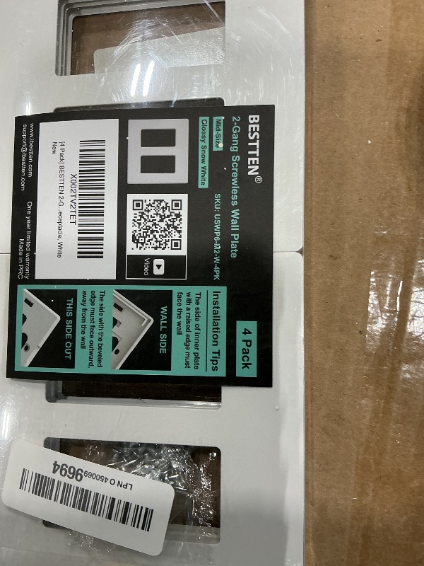 Photo 1 of [4 Pack] BESTTEN 2 Gang Screwless Decorative Wall Plate, Mid-Size H4.88" x W4.93", USWP6 Gloss Snow White, Faceplate Cover for Decorator Receptacle Outlet & Switch