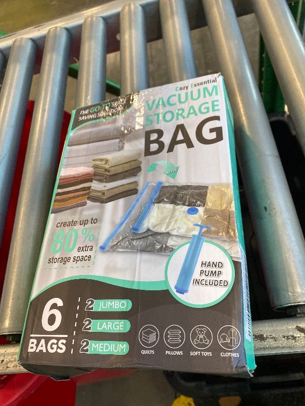 Photo 1 of *USED*
6 Pack Vacuum Storage Bags, Space Saver Bags (2 Jumbo/2 Large/2 Medium) Compression Storage Bags for Comforters and Blankets, Vacuum Sealer Bags for Clothes Storage, Hand Pump Included