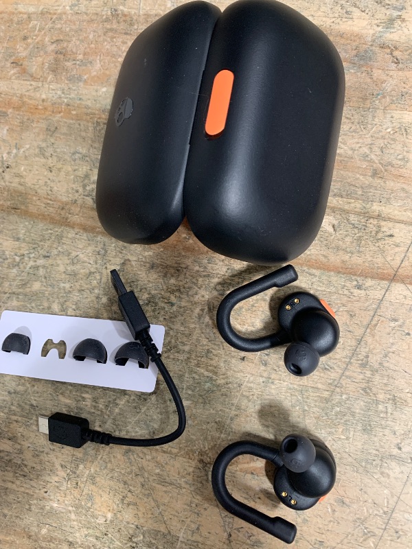 Photo 1 of **FOR PARTS ONLY/ NON-FUNCTIONAL*** Skullcandy Push Active Wireless Earbuds, Bluetooth Headphones, Noise Isolating, 44 Hrs Battery, Secure-Fit Over-Ear Hanger, Sweat and Water Resistant, Microphone for iPhone Android - True Black/Orange