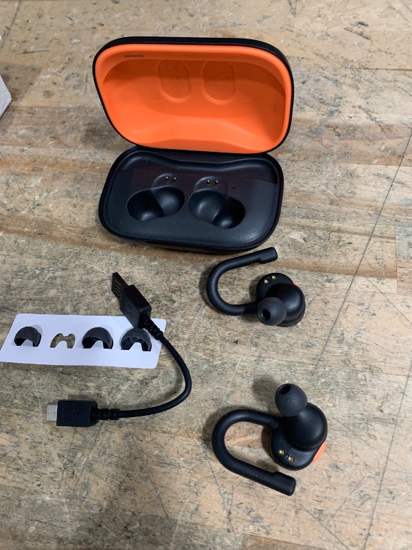 Photo 1 of **FOR PARTS ONLY/ NON-FUNCTIONAL*** Skullcandy Push Active Wireless Earbuds, Bluetooth Headphones, Noise Isolating, 44 Hrs Battery, Secure-Fit Over-Ear Hanger, Sweat and Water Resistant, Microphone for iPhone Android - True Black/Orange