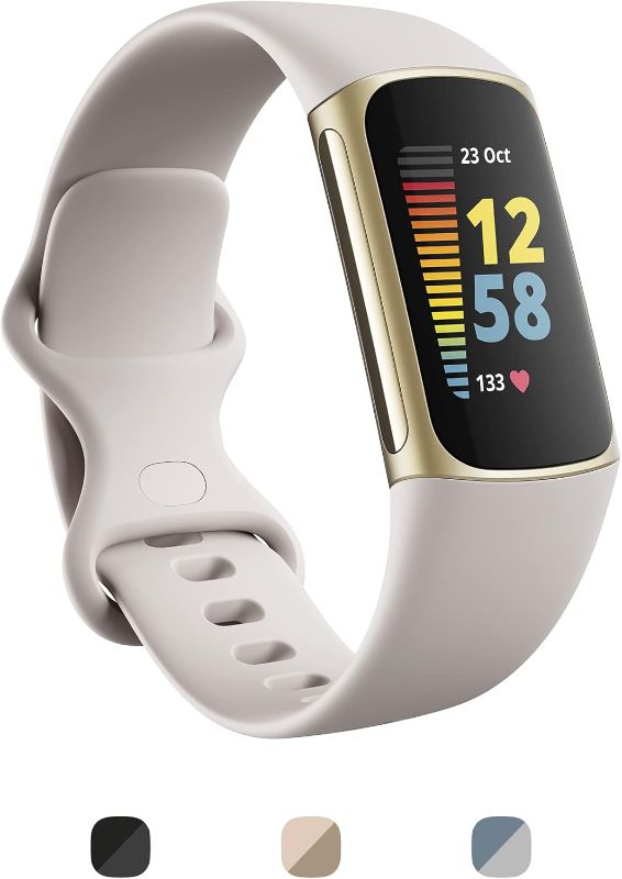 Photo 1 of **ITEM FACTORY SEALED** Fitbit Charge 5 Advanced Health & Fitness Tracker with Built-in GPS, Stress Management Tools, Sleep Tracking, 24/7 Heart Rate and More, Lunar White/Soft Gold, One Size (S &L Bands Included)