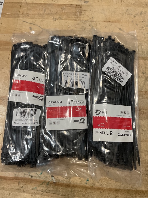 Photo 1 of (3) 120 Pcs 8 Inch Cable Zip Tie, ORWUDIZ Multifunctional Tie, Nylon 66 Material, Tensile Strength 50 Lbs, Black, Cable Binding Classification, Suitable for Industrial, Outdoor, Home, Office Use