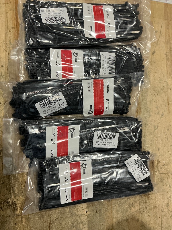 Photo 1 of (5) 120 Pcs 8 Inch Cable Zip Tie, ORWUDIZ Multifunctional Tie, Nylon 66 Material, Tensile Strength 50 Lbs, Black, Cable Binding Classification, Suitable for Industrial, Outdoor, Home, Office Use