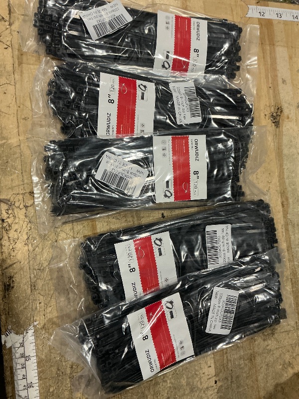 Photo 1 of (5) 120 Pcs 8 Inch Cable Zip Tie, ORWUDIZ Multifunctional Tie, Nylon 66 Material, Tensile Strength 50 Lbs, Black, Cable Binding Classification, Suitable for Industrial, Outdoor, Home, Office Use