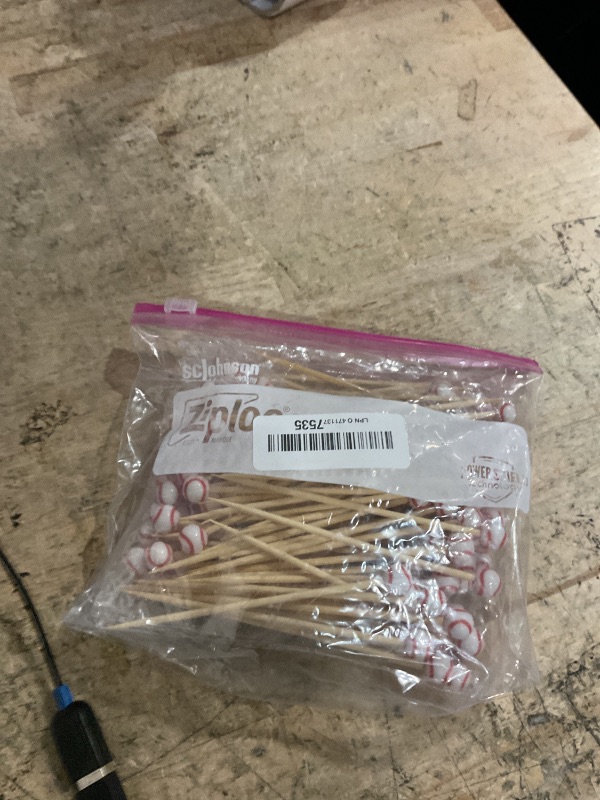 Photo 1 of 100 Pieces Bamboo Cocktail Picks 4.7 Inch Fruit Toothpicks Sports Ball End Cocktail Skewers Wooden Decorative Cocktail Picks for Appertizes, Fruit, Food, Sport Party Favors (Baseball)