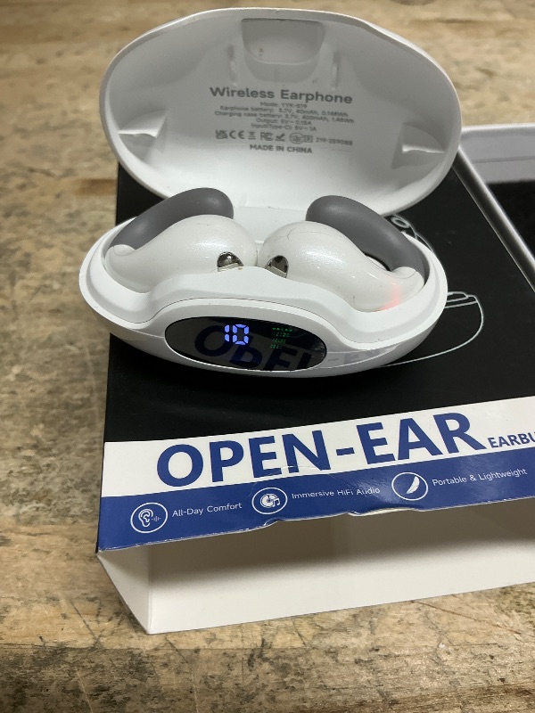 Photo 1 of **SHOWS SIGNS OF HEAVY USAGE MISSING CHARGER*** Boytond Ultra Open Ear Earbuds - Ergonomic Clip-On Earbuds, Small Bone Conduction Over-The-Ear Headphones with Waterproof Design, Perfect Running Headphones for Sports and Fitness, Pearl White