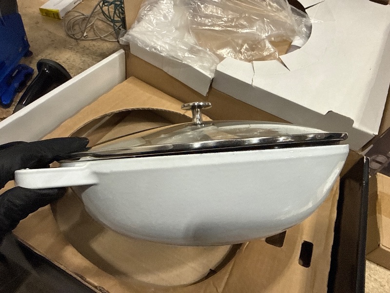 Photo 1 of (missing silver tray)(used) Staub Cast Iron Perfect Pan, Dutch Oven, 4.5-quart, serves 4-5, Made in France, White