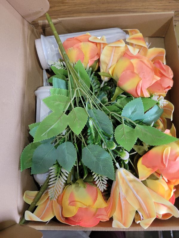 Photo 1 of 2 Set Artificial Cemetery Flowers with Grave Vase-2 Bunches Lilies & Rose Mixed Orangish Yellow Silk Memorial Flowers-2 Cemetry Vase with Foam for Outdoor Headstones Gravesite Graveyard Decorations