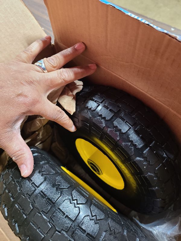 Photo 1 of (2-Pack) 10-Inch Solid Tire Wheels - Replacement 4.10/3.50-4" Flat Free Tires and Wheels with 5/8" Axle Bore Hole Bearings, 2.17" Offset Hub -Perfect for Hand Truck, Wheelbarrow, Gorilla Carts