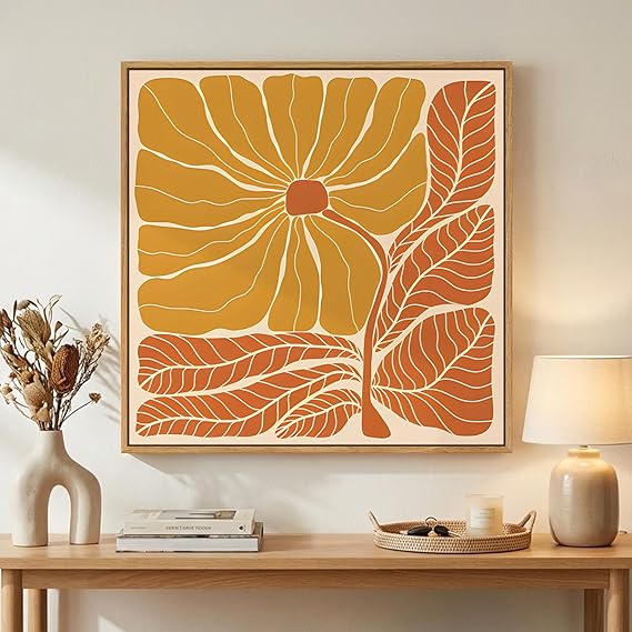 Photo 1 of **MSRP 65.99** Framed Square Boho Floral Room Decor Wall Art, Orange Abstract Botanical Flower Canvas Artwork for Walls, Mid Century Modern Minimalist Living Room Bedroom Hallway Painting Print Wall Decor, 24x24 In