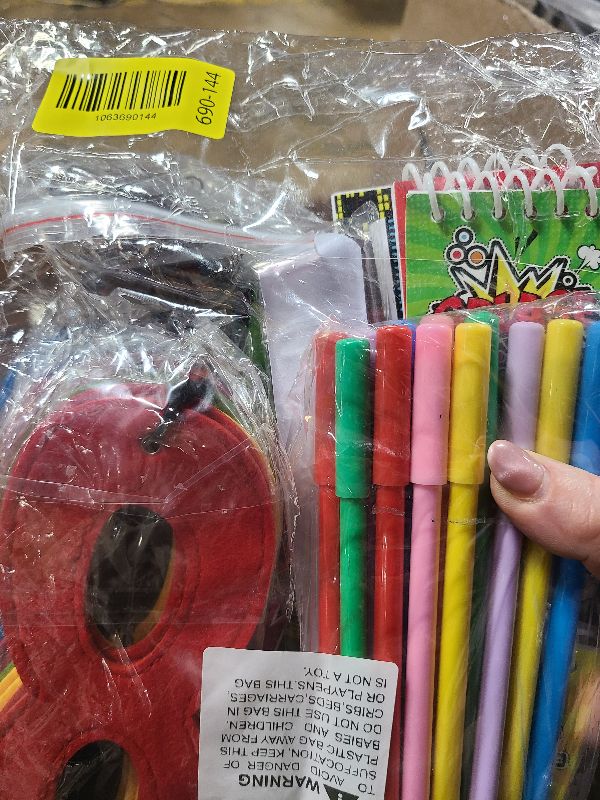 Photo 1 of 12Sets Hero Themed Super Party Favors with Colorful Paper Gift Bag Notepad Pen Slap Bracelet Key Chain Eye Mask Sticker Comic Hero Themed Party Supplies for Boy Girl Birthday Classroom Game Activities
