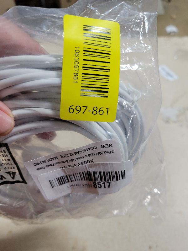 Photo 1 of 2-Pack 20FT USB to Micro USB Extension Power Cable, Long Charging Cord, 21AWG OFC, Oxygen-Free Copper, Compatible with Wyze Cam, Nest Cam, Yi Home Camera, Kasa Cam Security Camera, White