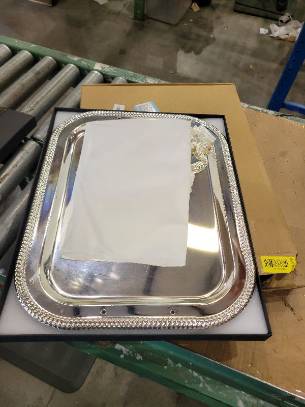 Photo 1 of 18.5"x14.5" Rectangular Silver Serving Tray with Handles, Beautiful Mirror Polished Finish, Lightweight Classic Metallic Decorative Silverplate Tray for Wedding Anniversary Birthday Holiday Gatherings