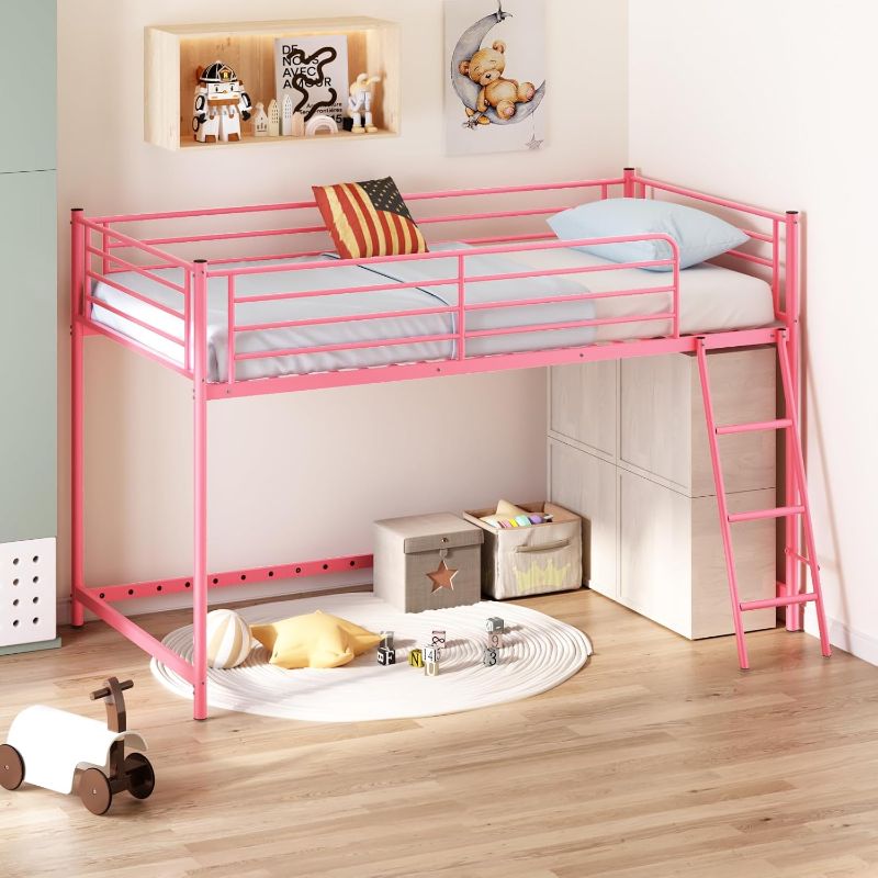 Photo 1 of Loft Bed with Inclined Ladder, Metal Twin Size Bed Frame (pink)
