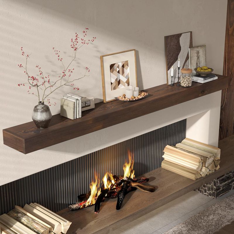 Photo 1 of ****MISSING HARDWARE/SOME UNKNOWN SPOTS ON TOP**Fun Memories Fireplace Mantel, 72" Rustic Wood Fireplace Shelves, Wall-Mounted Mantels for Over Fireplace, Handcrafted Wood Brack, Floating Mantel 72" x 8" x 3"- RUSTIC Brown