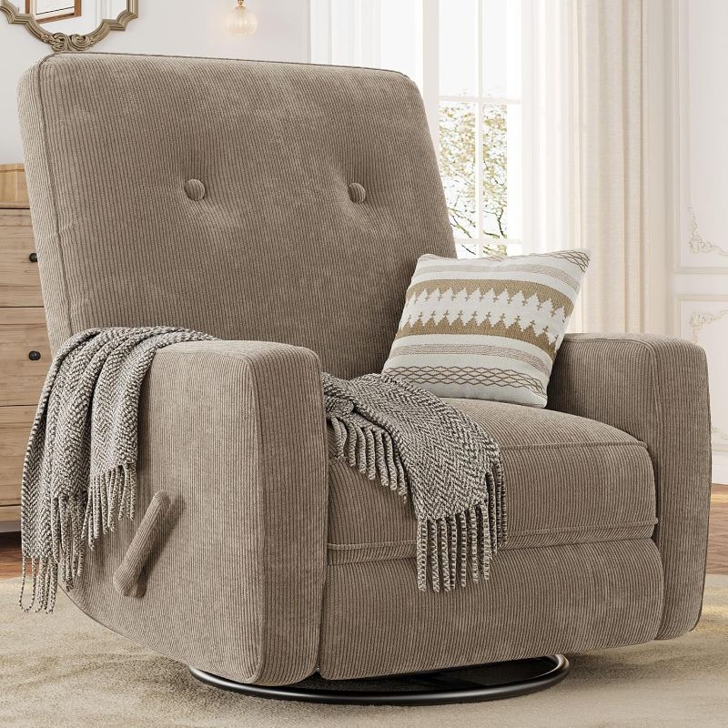 Photo 1 of **BOX A ONLY/INCOMPLETE SET***Garvee Nursery Recliner Chair, 360° Swivel Rocking Glider Chair for Adults with Adjustable Backrest & Footrest, Cozy Corduroy Upholstered Armchair for Living Rooms, Bedrooms, Apartments, Light Brown