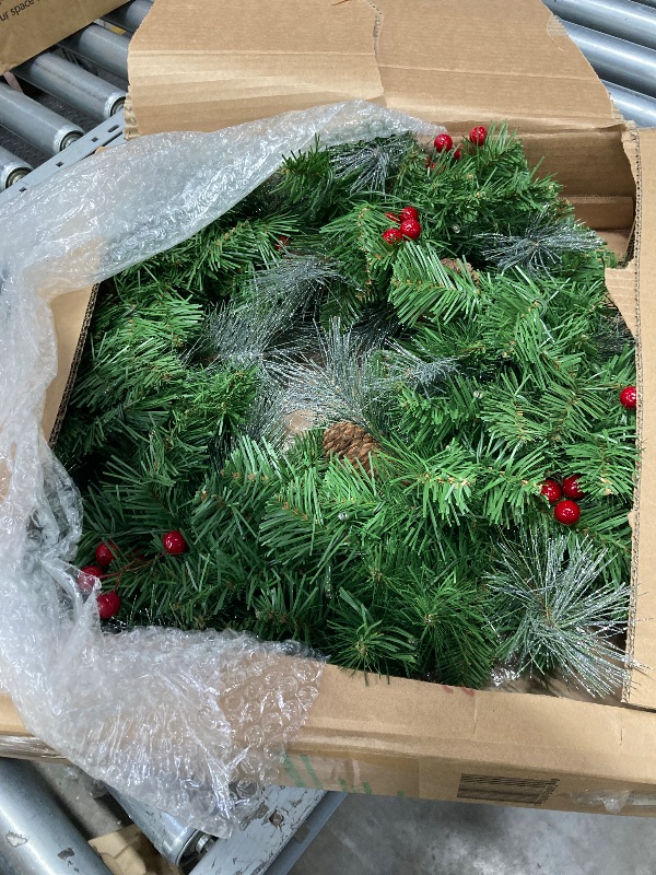 Photo 1 of ***used***National Tree Company 24 in Pre-Lit Crestwood Spruce Artificial Christmas Wreath, Christmas Decoration with Glitter, Pinecones, Red Berries, 50 Clear LED Lights, 160 Tips, Timer, Green