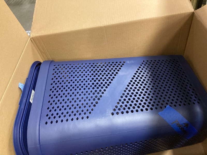 Photo 1 of *Cracked at bottom* Mind Reader Slim Laundry Hamper with Lid, 60L Clothes Basket, Ventilated Plastic, Navy