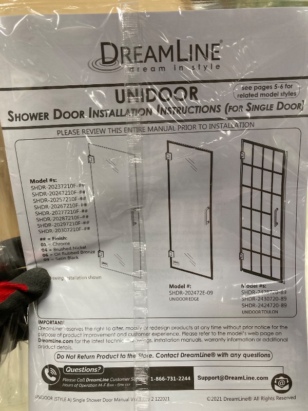 View 4 of ***BOX 1 OF 4 ONLY/ONLY THE DOOR GLASS/MISSING HARDWARE****DREAMLINE SHDR-2036-7210-4 UNIDORR 36-37 IN W X 72 H FRAMLESS HINGED SHOWER DOOR