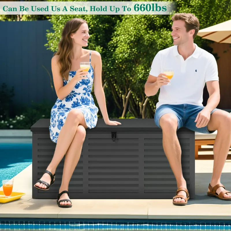 Photo 1 of 130 Gallon Resin Deck Box, Outdoor Lockable Storage Container for Patio Cushions, Garden Tools, Pool Supplies, Toys, Waterproof and UV Resistant, Reinforced Rib Design, Black