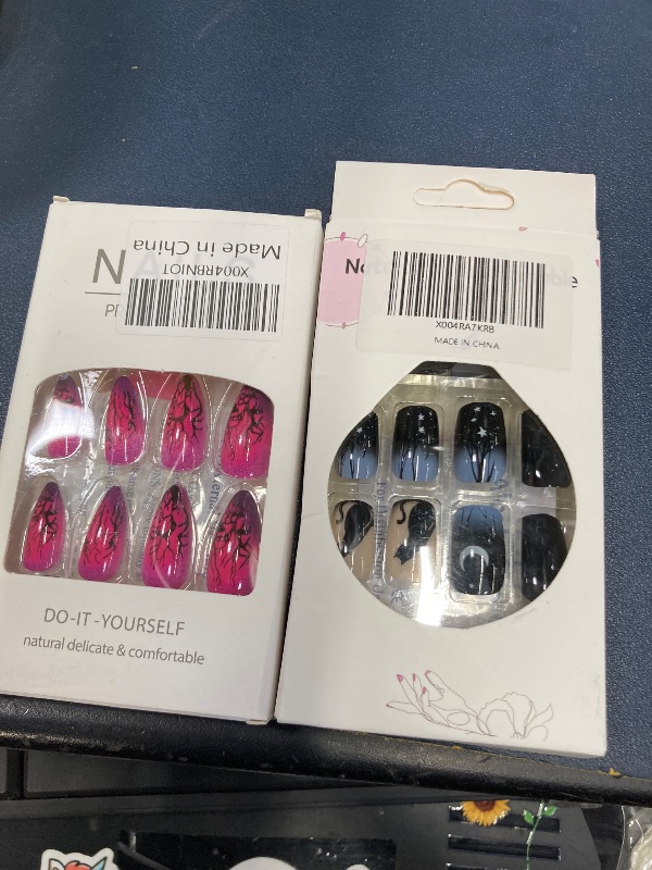 Photo 1 of ***2 pACK*** Halloween Press on Nails Medium Almond Fake Nails Withered Tree Stick on Nails Pink Gradient Glue on Nail The Day of Dead False Nail Glossy Acrylic Nail Full Cover Kit for Women Girl 24Pcs