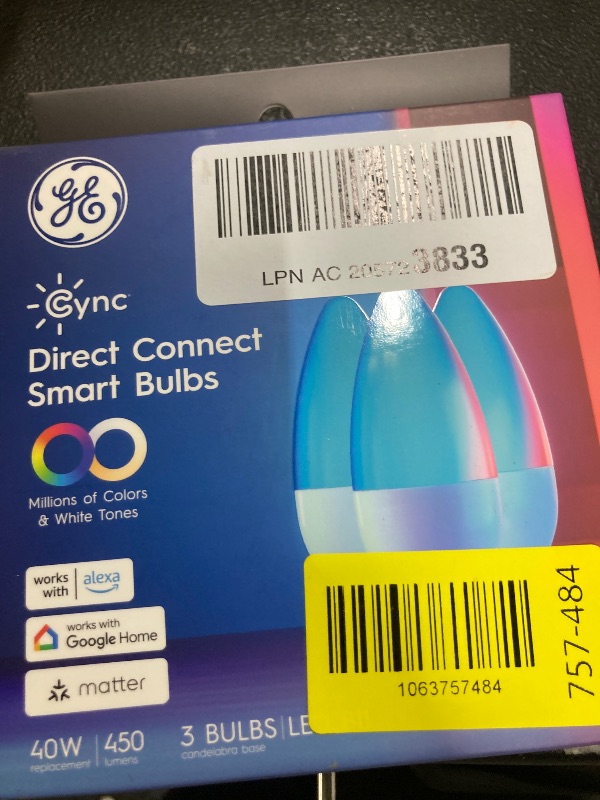 Photo 1 of *****Factory seal*****

GE Cync Smart LED Light Bulbs, Color Changing Decorative Light Bulbs, Indoor WiFi Lights, Matter Compatible, Compatible with Alexa and Google Home, Candelabra Base (3 Pack)
