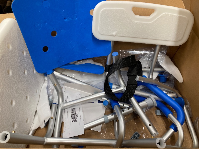 Photo 1 of **BACKREST HAS DAMAGE-SEE PICS**Bluelog Sliding Shower Chair with Padded 360° Swivel Seat, 330lbs Tub Transfer Bench, Non-Slip Arms, Safety Belt, Adjustable Height for Elderly & Disabled Inside Shower