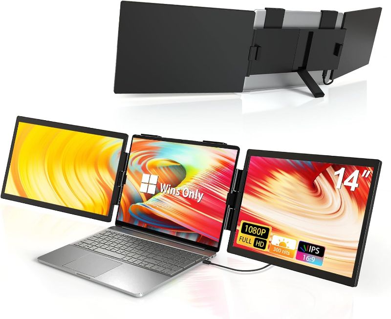 Photo 1 of **MISSING CABLE AND MANUAL/HAS SCRATCH ON SCREEN**HotYeah Triple Laptop Screen Extender, 14" 1080P Dual Portable Extended Monitor, USB-C Travel Monitor w/Kickstand & 360°Rotation, Tri Screen Monitor for 14-17" Laptop, One Cable Connection, Wins Only