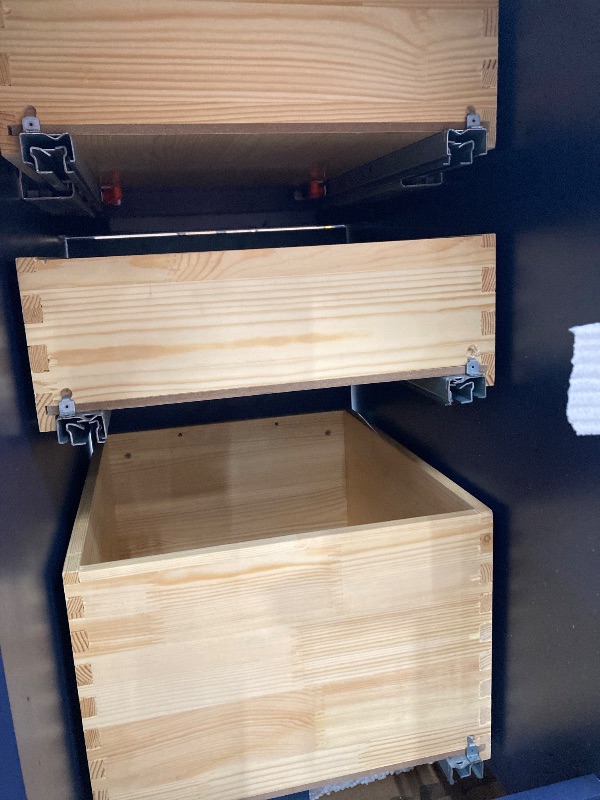 Photo 1 of **MISSING COUNTER TOP***Beckett 72 Inch Double Bathroom Vanity in Dark Blue, White Cultured Marble Countertop, Undermount Square Sinks, Matte Black Trim