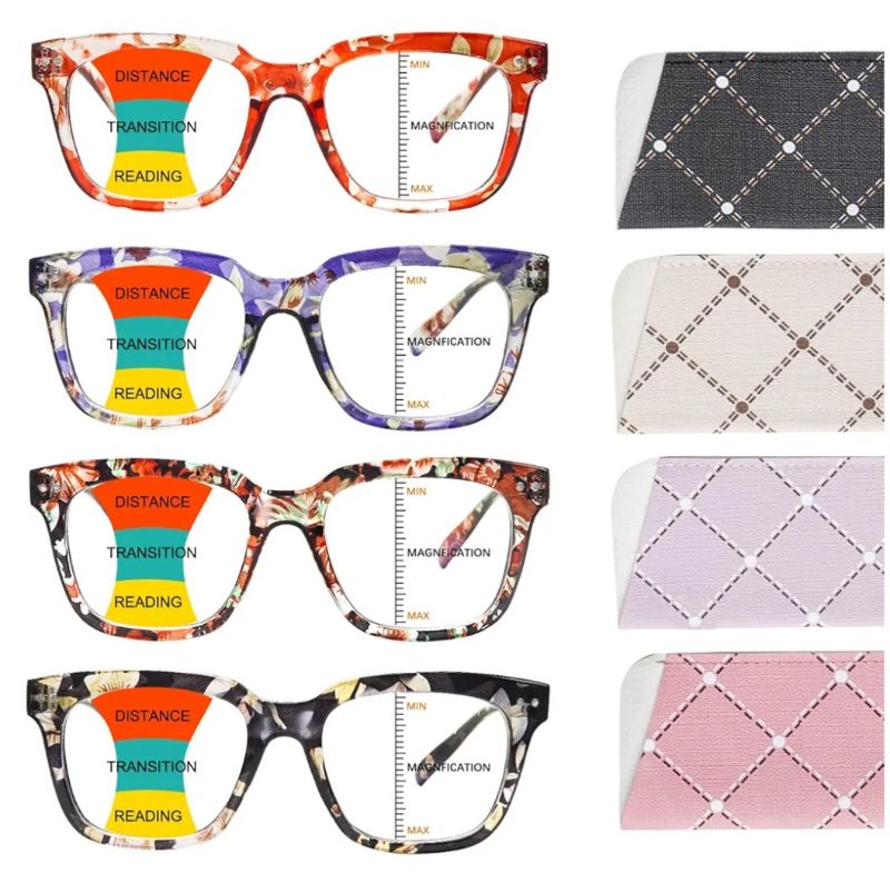 Photo 1 of 4 Pack Progressive Multifocus Reading Glasses for Women Men Square Blue Light Blocking Readers with Spring Hinges (4 Mix-2, 2.5, Diopters)