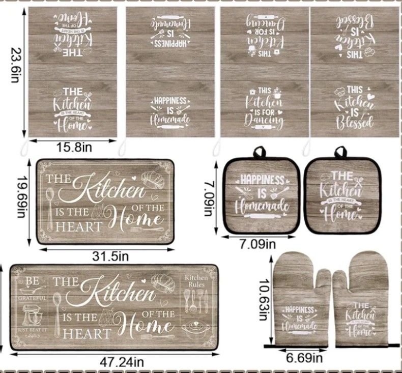 Photo 1 of 10 Pcs Farmhouse Kitchen Decor and Accessories Set 4 Kitchen Towels 2 Pot Holders 2 Oven Mitts 2 Rugs for Cooking Baking Mom Housewarming Gifts(Brown,Classic Style)