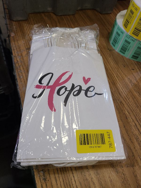 Photo 1 of 24 Pack Breast Cancer Awareness Bags Pink Ribbon Paper Bag Breast Cancer Gift Bag with Handle Faith Courage Hope Treat Bags for Breast Cancer Awareness Charity Theme Party Favor Supplies