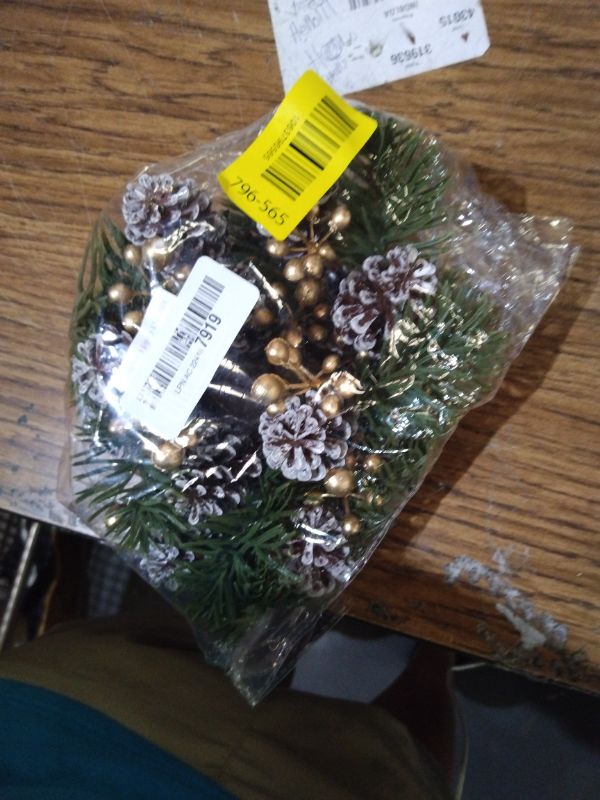 Photo 1 of 2 Pieces Christmas Candle Rings Wreaths,Artificial Flower Gold Berries Pinecones Snowy Pine Wreaths,Christmas Wedding Winter Candle Holders,Xmas Garland Home Table Centerpieces Decorations