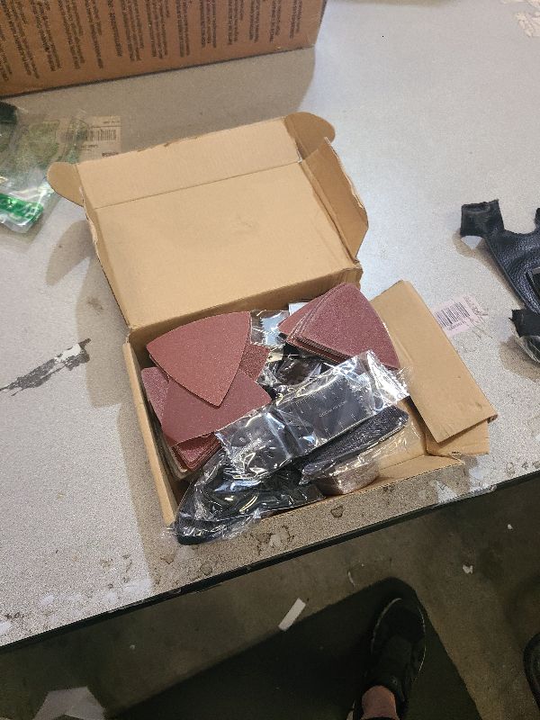 Photo 1 of 161Pcs Oscillating Tool Sanding Pad Kit, Includes 3Pcs Triangle Sanding Pads, 3Pcs Finger Sanding Pad, 150Pcs Sandpaper and 5 Saw Blades, for Wood Polish Sanding, & Other Surfaces