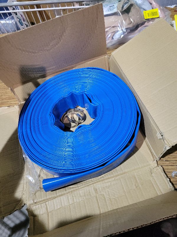 Photo 1 of 1.5 IN x 100 FT Pool Backwash Hose - Heavy Duty Reinforced Flat PVC Sump Pump Hose for Swimming Pools Pump Discharge & Filter Drainage,Weather and Burst Resistant with Clamp (Blue)