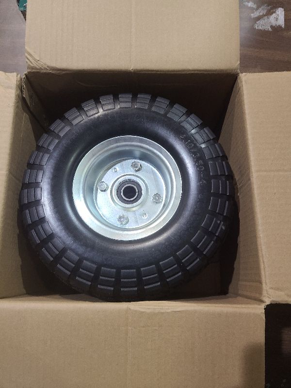 Photo 1 of (2 Pack) 10 Inch Solid Polyurethane Tire 4.10/3.50-4 Tire, 10" Flat Free Wheels with 5/8" Bearings, 2.2" Offset Hub for Garden Cart, Hand Truck, Lawn Cart, Mower