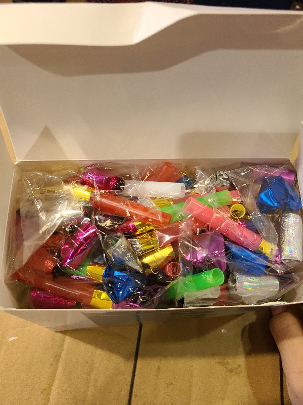 Photo 1 of 100 Pcs Party Blower, Colorful Birthday Noisemakers Funny Birthday Blow Horns Squawkers Party Whistles New Years Party Favors for Kids Adults