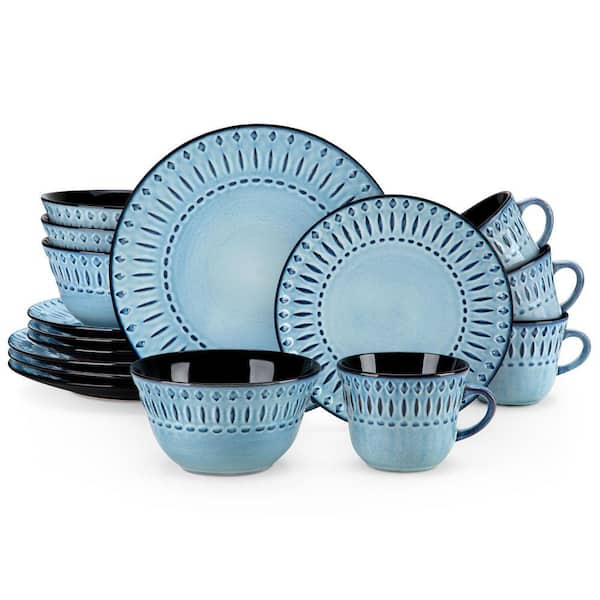Photo 1 of 16-Piece Blue Porcelain Dinnerware Set Service for 4-Embossed Pattern Tableware with Dinner Plate Dessert Plate Bowl Mug
Questions & Answers 