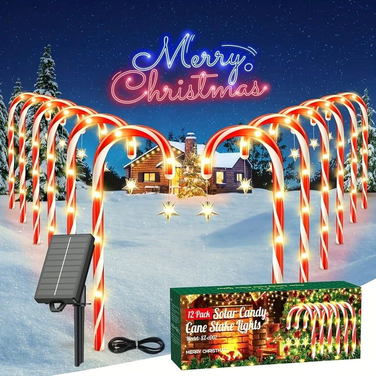 Photo 1 of 24 Pack Solar Candy Cane Lights | IPX5 Waterproof with 10 Lighting Modes | Outdoor Christmas Decor for Garden, Lawn, Pathway & Patio | Auto On/Off Holiday Lighting