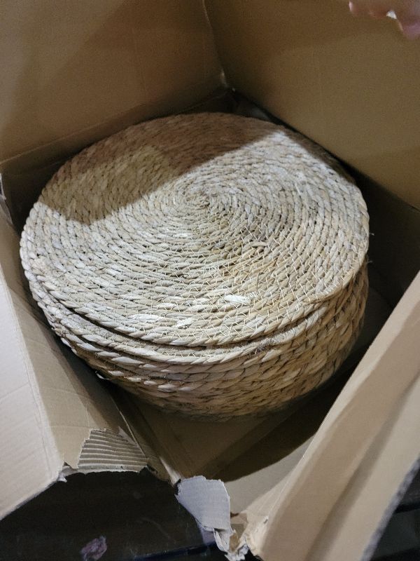 Photo 1 of 13 Inch Woven Placemats Set of 24, Boho Round Place Mats for Dining Table Decor, Rustic Jute Chargers for Dinner Plates, Outdoor Patio, Farmhouse Wedding, Water Hyacinth Wicker Rattan Braided Placemat