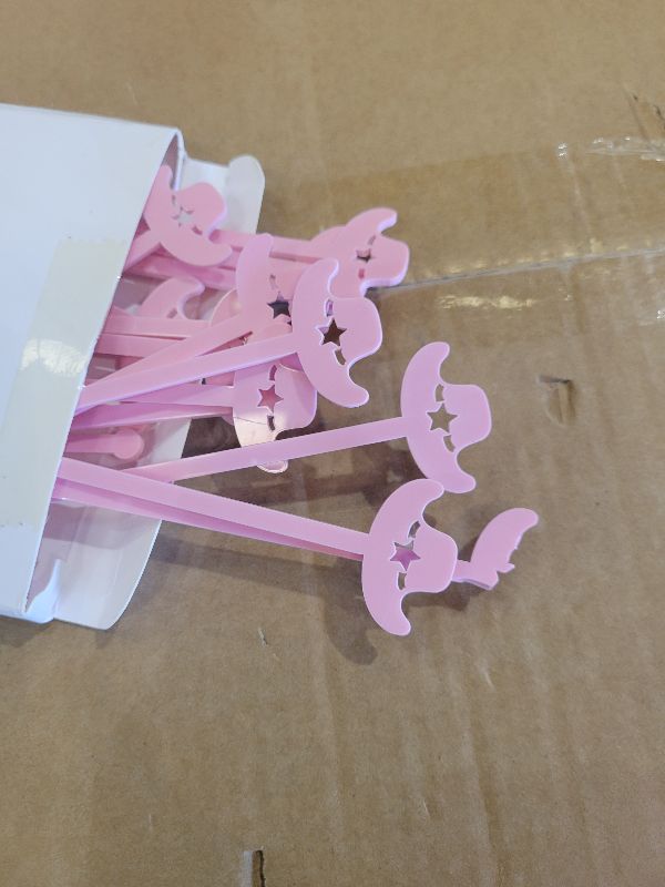 Photo 1 of 20 Pcs Cowboy Drink Stirrer, Reusable Acrylic Cocktail Stirrers, Unique Pink Cowboy Hat Pattern Stir Sticks for Cocktails Coffee Bachelorette Party Wedding Festival Decoration