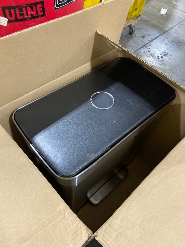 Photo 1 of Amazon Basics Dual Compartment Recycling Trash Can with Soft-Close Lid, Fingerprint Resistant, Removable Liner Buckets, 60 Liters, Rectangular, Grey, Silver