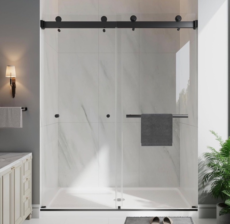 Photo 1 of Frameless Double Sliding Shower Doors, 49-54" W x 76" H, 1/4" (6mm) Thick ANSI Certified Tempered Glass with Explosion-Proof Film and Nano Coating Shower Glass Door, Matte Black