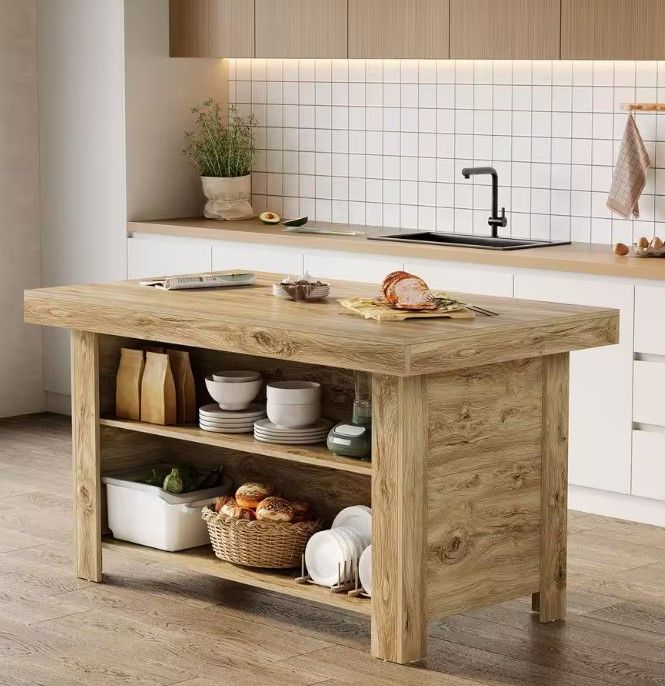 Photo 1 of Light Brown Wood 55 in. Kitchen Island with Storage, Farmhouse Stationary Island Table
