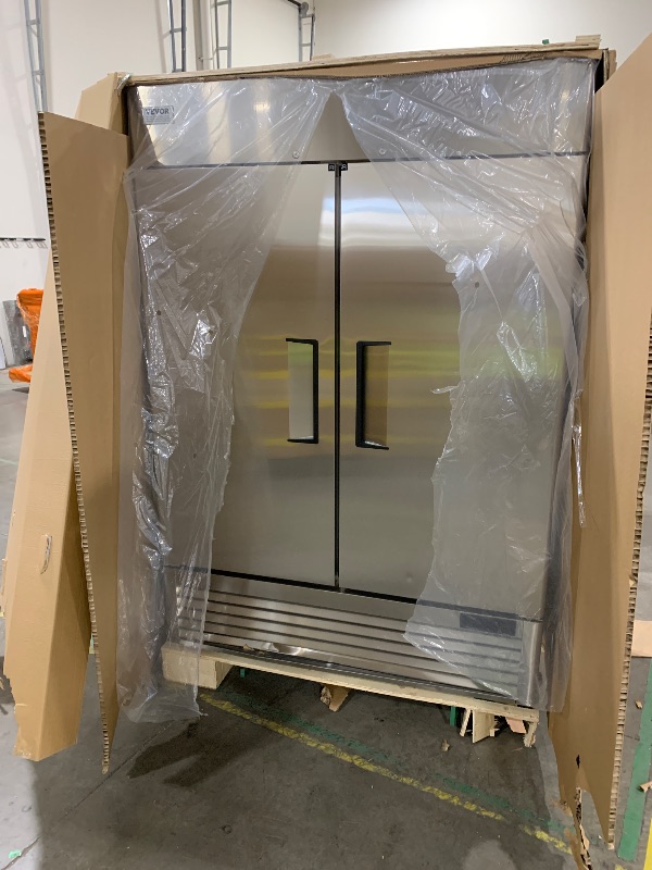 Photo 1 of VEVOR Commercial Refrigerator 44.21 Cu.ft, Reach In 54.4" W Upright Refrigerator 2 Doors, Auto-Defrost Stainless Steel Reach-in Refrigerator with 8 Shelves, 33 to 41? Temp Control, LED Light, 4 Wheels